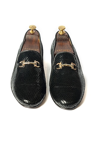 Black Leather Lizard Printed Loafers by ARTIMEN