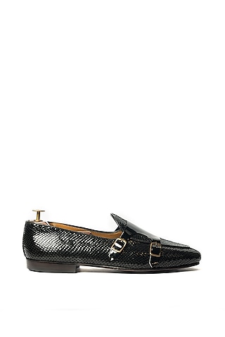 Black Leather Lizard Printed Loafers by ARTIMEN
