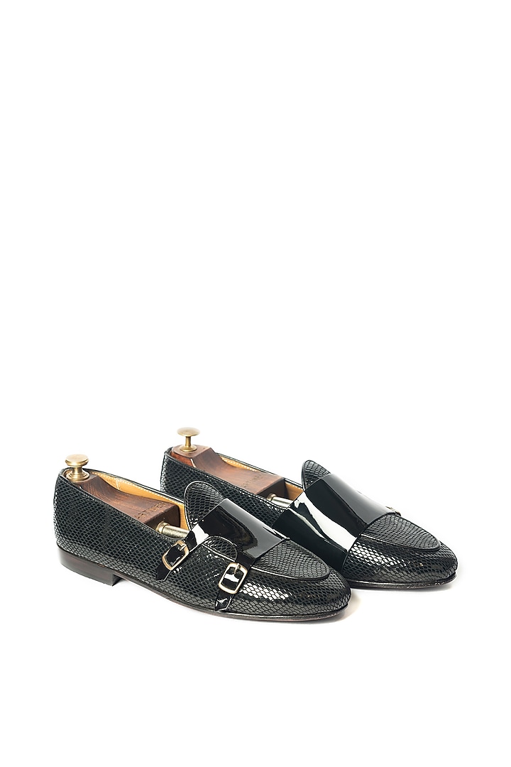 Black Leather Lizard Printed Loafers by ARTIMEN at Pernia's Pop Up Shop