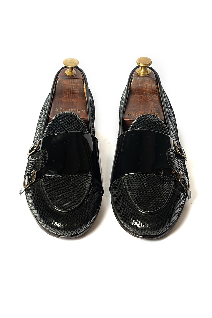 Black Leather Lizard Printed Loafers by ARTIMEN at Pernia's Pop Up Shop