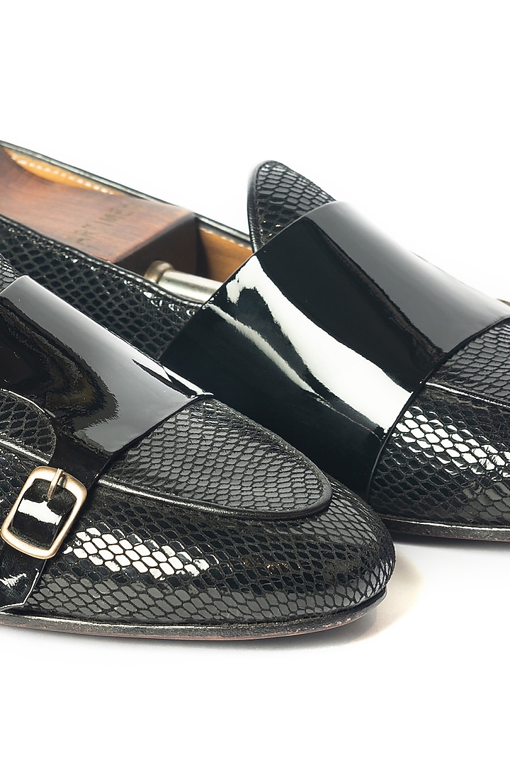 Black Leather Lizard Printed Loafers by ARTIMEN at Pernia's Pop Up Shop