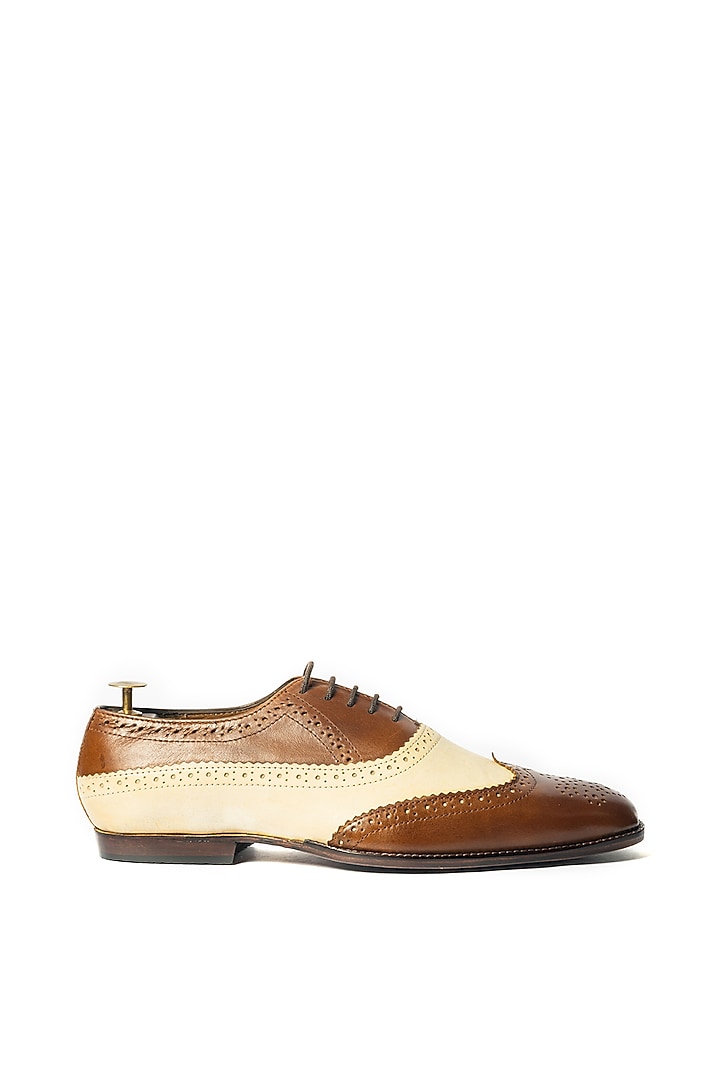 White & Tan Leather Handcrafted Brogue Shoes by ARTIMEN at Pernia's Pop Up Shop