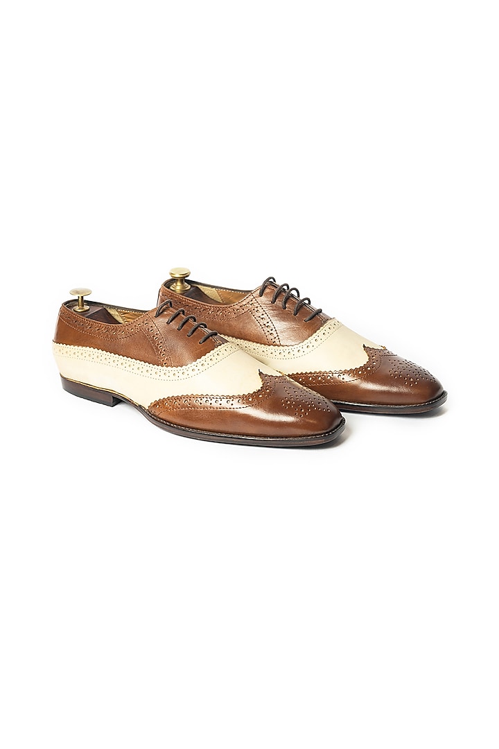 White & Tan Leather Handcrafted Brogue Shoes by ARTIMEN at Pernia's Pop Up Shop