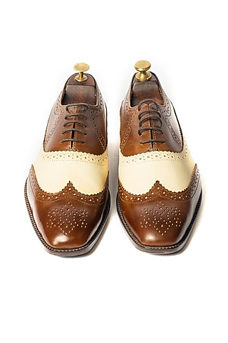 White & Tan Leather Handcrafted Brogue Shoes by ARTIMEN