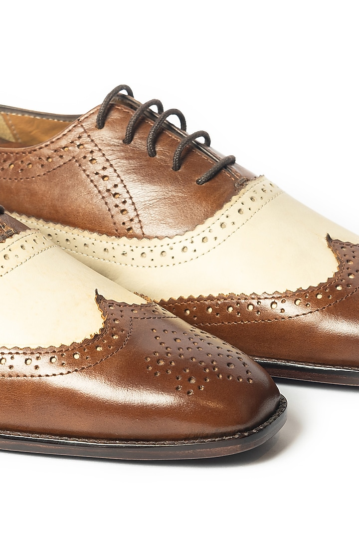 White & Tan Leather Handcrafted Brogue Shoes by ARTIMEN at Pernia's Pop Up Shop