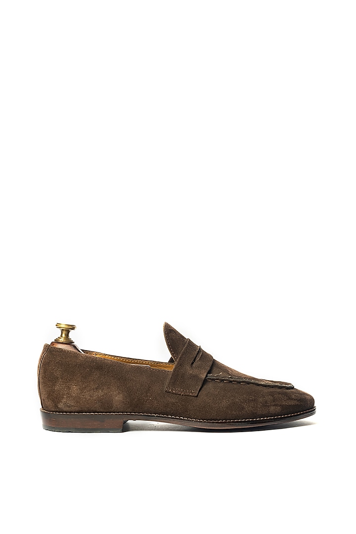 Brown Suede Handcrafted Penny Loafers by ARTIMEN at Pernia's Pop Up Shop