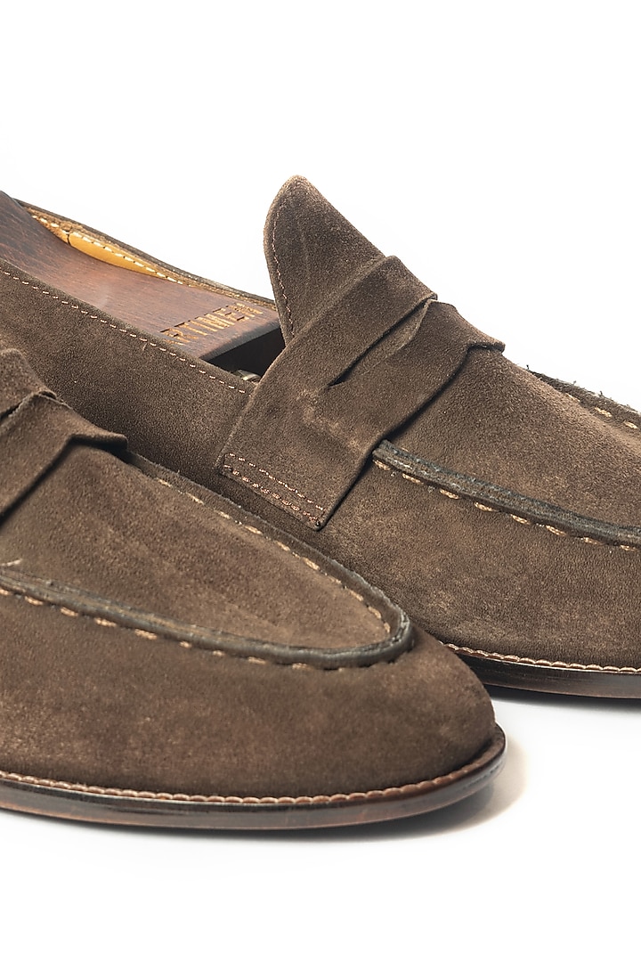 Brown Suede Handcrafted Penny Loafers by ARTIMEN at Pernia's Pop Up Shop