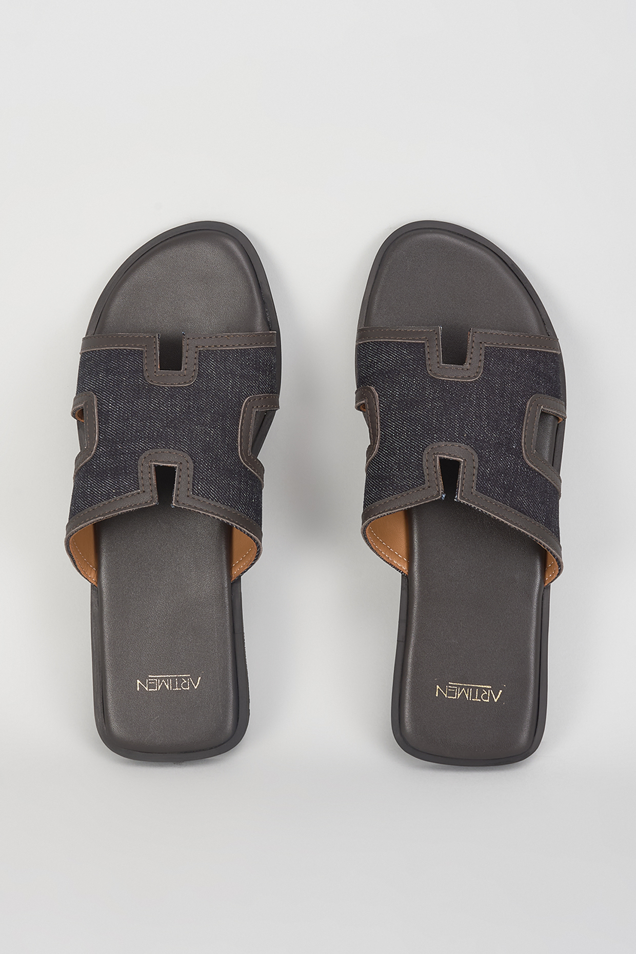 Dark Blue Denim Leather Slippers by ARTIMEN