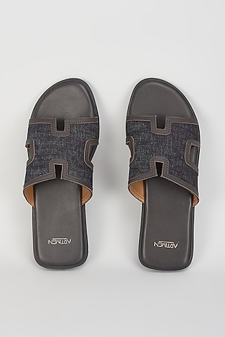 Dark Blue Denim Leather Slippers by ARTIMEN
