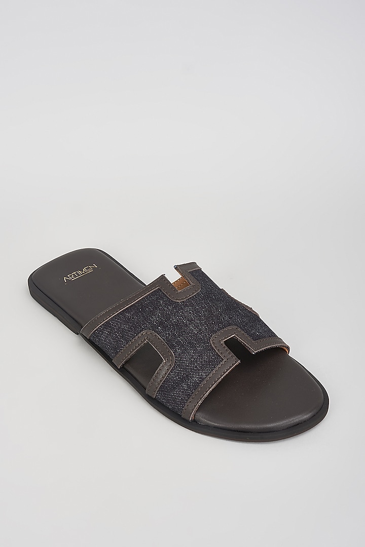 Dark Blue Denim Leather Slippers by ARTIMEN at Pernia's Pop Up Shop