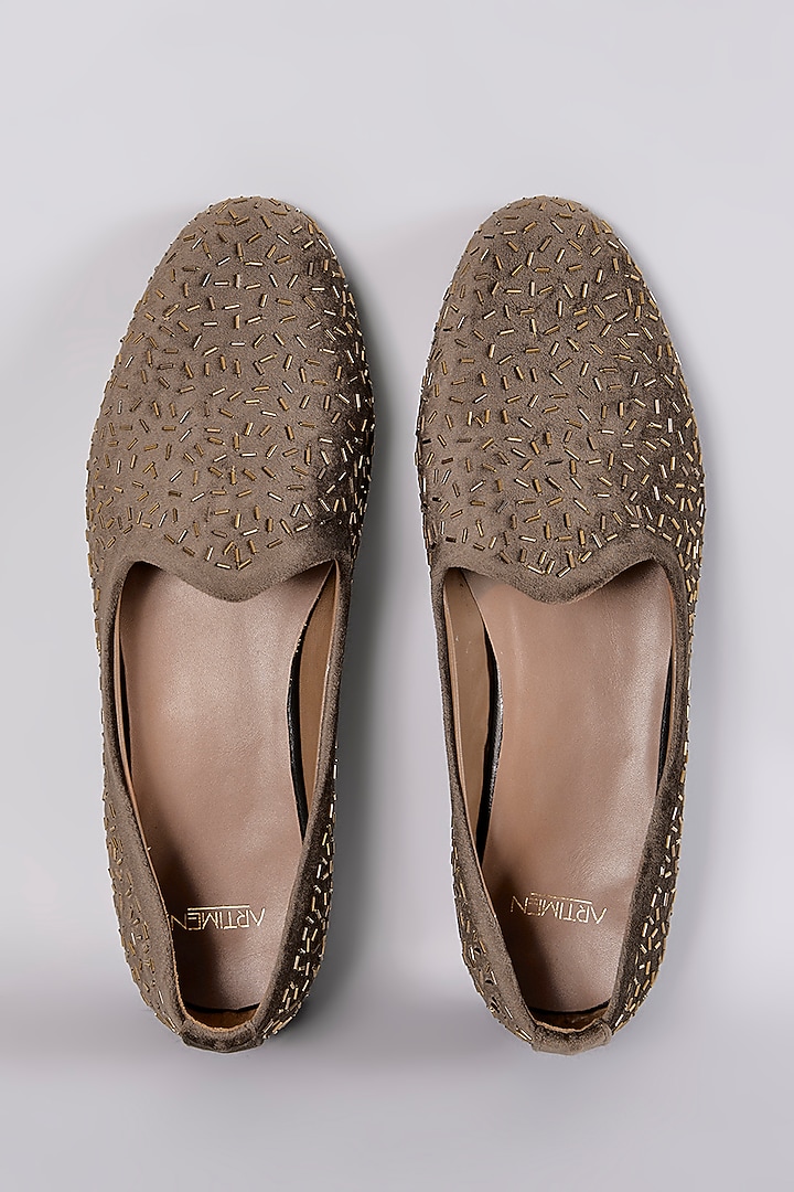 Brown Velvet Hand Embroidered Loafers by ARTIMEN at Pernia's Pop Up Shop