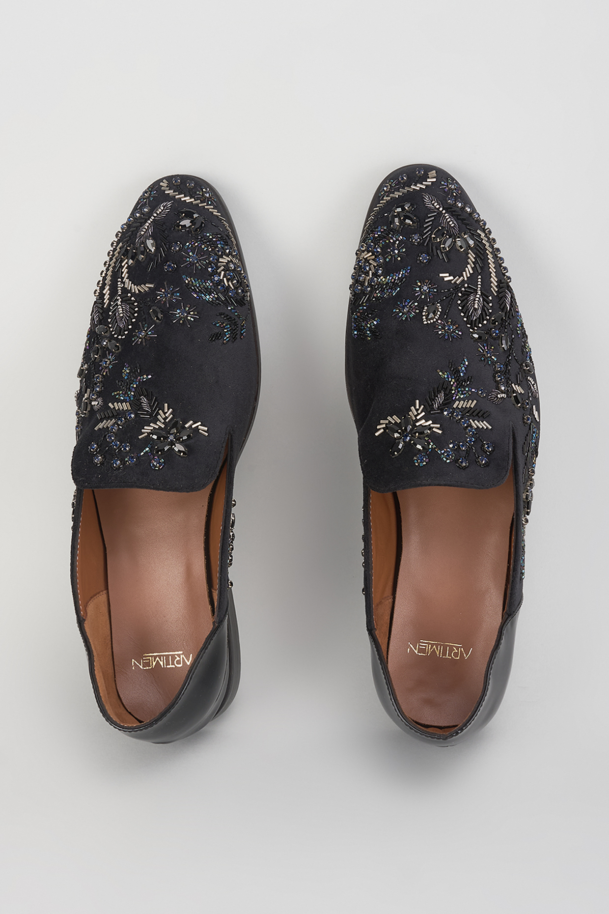 Black Leather Hand Embroidered Juttis by ARTIMEN