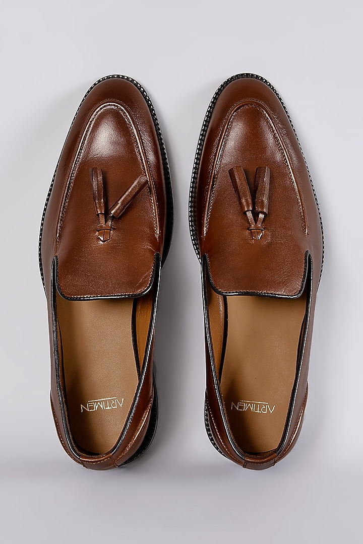 Brown Leather Handcrafted Loafers by ARTIMEN at Pernia's Pop Up Shop
