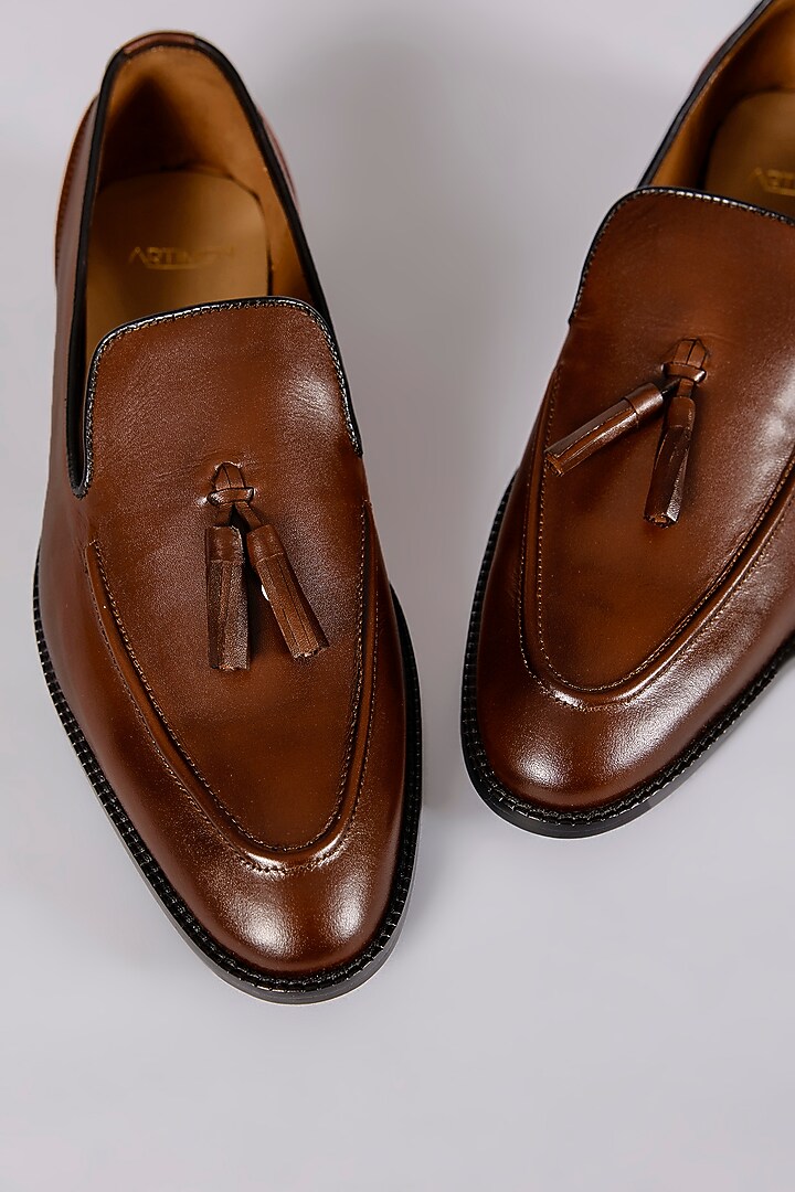 Brown Leather Handcrafted Loafers by ARTIMEN at Pernia's Pop Up Shop