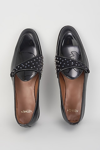 Black Leather Hand Embroidered Shoes by ARTIMEN