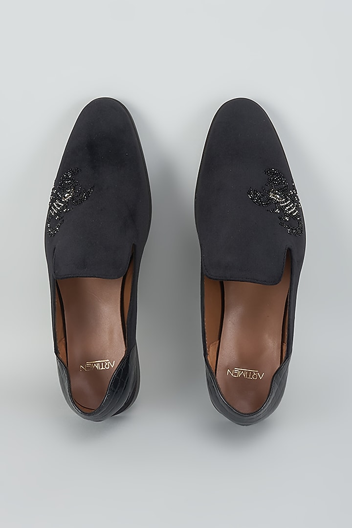 Black Velvet & Leather Hand Embroidered Shoes by ARTIMEN at Pernia's Pop Up Shop