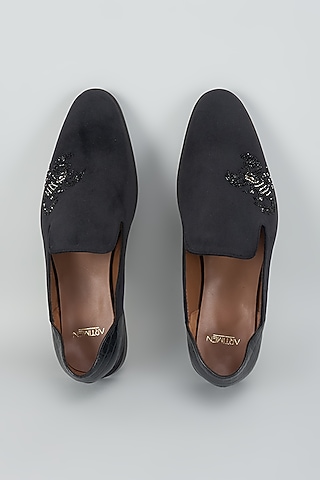 Black Velvet & Leather Hand Embroidered Shoes by ARTIMEN