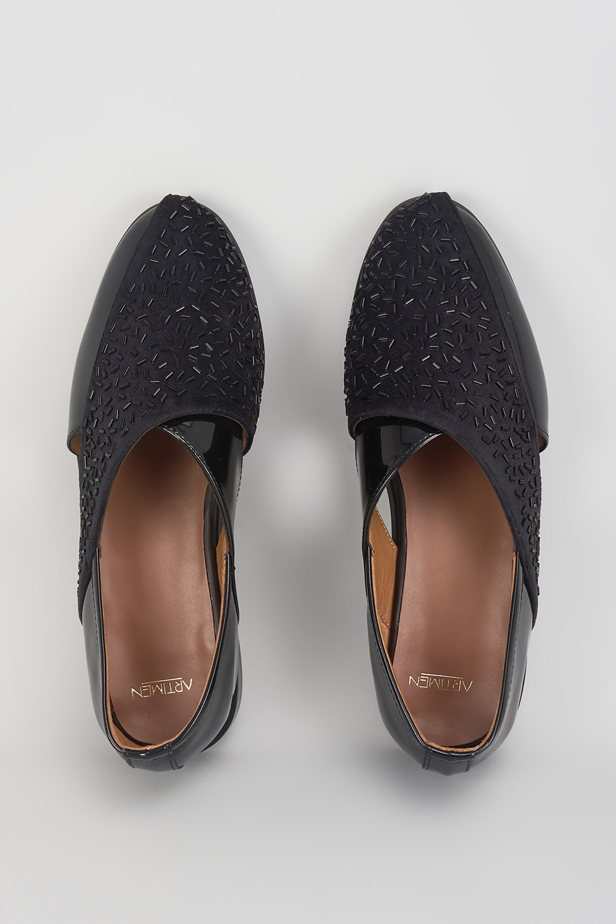 Black Velvet & Patent Leather Hand Embroidered Shoes by ARTIMEN