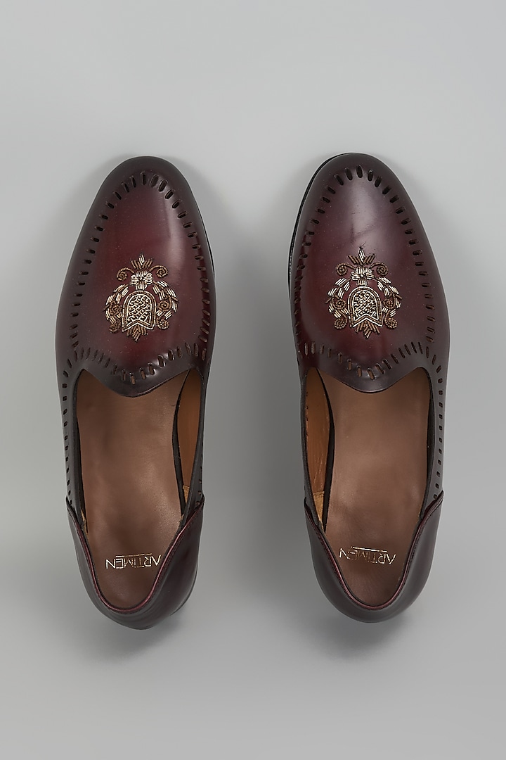 Cherry Leather Hand Embroidered Handcrafted Juttis by ARTIMEN