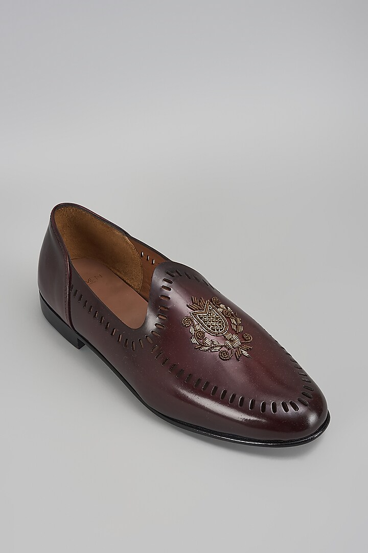 Cherry Leather Hand Embroidered Handcrafted Juttis by ARTIMEN at Pernia's Pop Up Shop