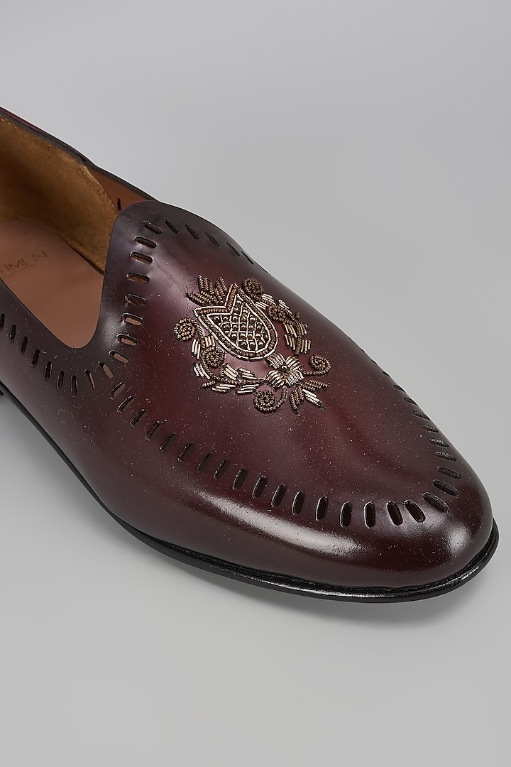 Cherry Leather Hand Embroidered Handcrafted Juttis by ARTIMEN at Pernia's Pop Up Shop