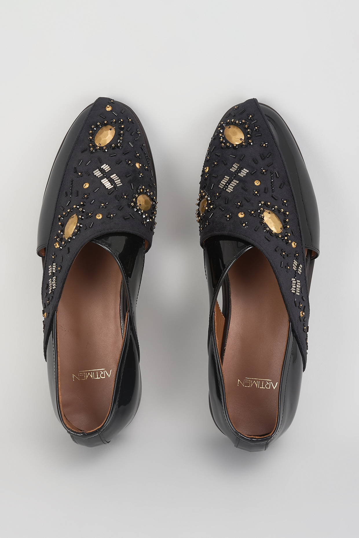 Black Leather Hand Embroidered Peshawaris by ARTIMEN