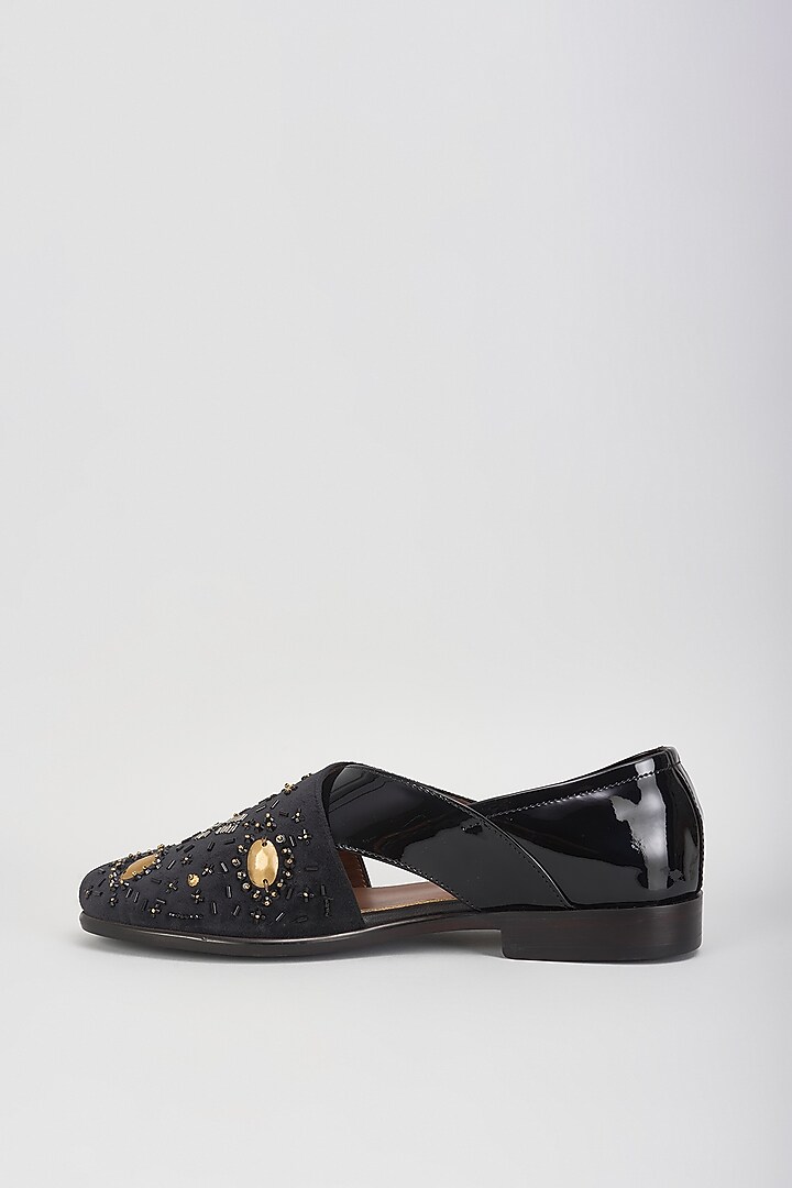 Black Leather Hand Embroidered Peshawaris by ARTIMEN at Pernia's Pop Up Shop