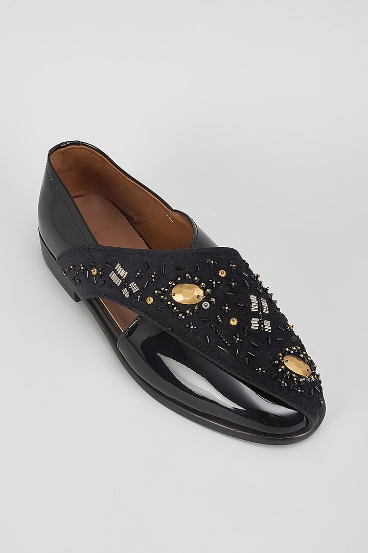 Black Leather Hand Embroidered Peshawaris by ARTIMEN at Pernia's Pop Up Shop