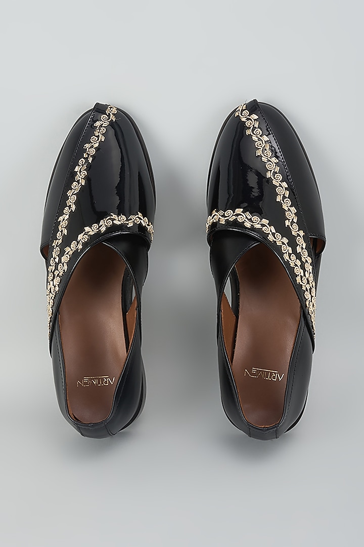 Black Leather Hand Embroidered Shoes by ARTIMEN at Pernia's Pop Up Shop