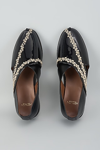 Black Leather Hand Embroidered Shoes by ARTIMEN
