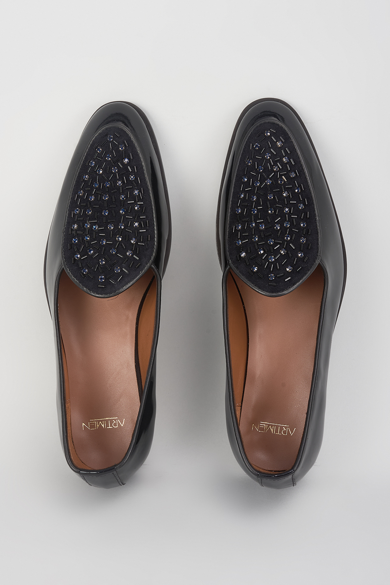 Black Leather & Velvet Cutdana Work Loafers by ARTIMEN