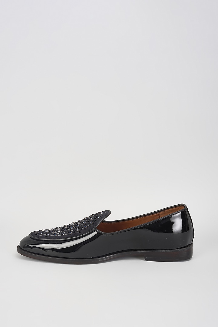 Black Leather & Velvet Cutdana Work Loafers by ARTIMEN at Pernia's Pop Up Shop