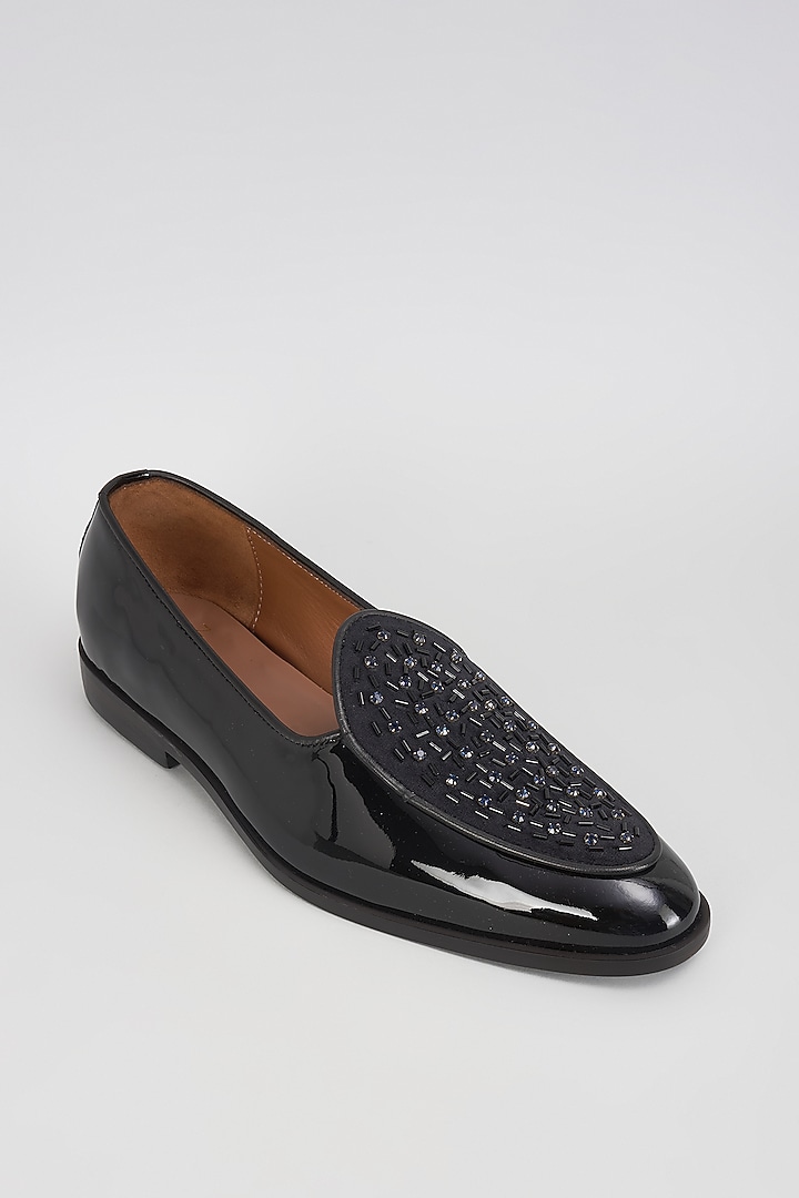 Black Leather & Velvet Cutdana Work Loafers by ARTIMEN at Pernia's Pop Up Shop