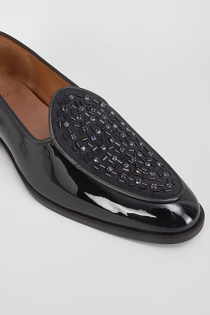 Black Leather & Velvet Cutdana Work Loafers by ARTIMEN at Pernia's Pop Up Shop