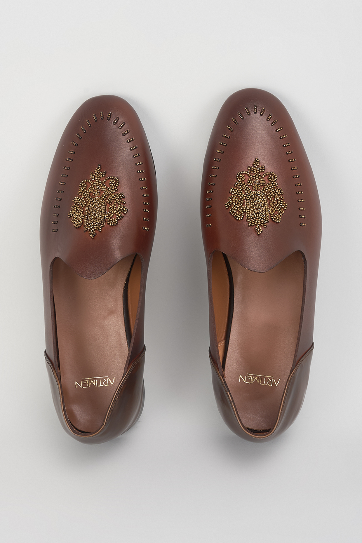 Brown Leather Dabka Hand Embroidered Juttis by ARTIMEN