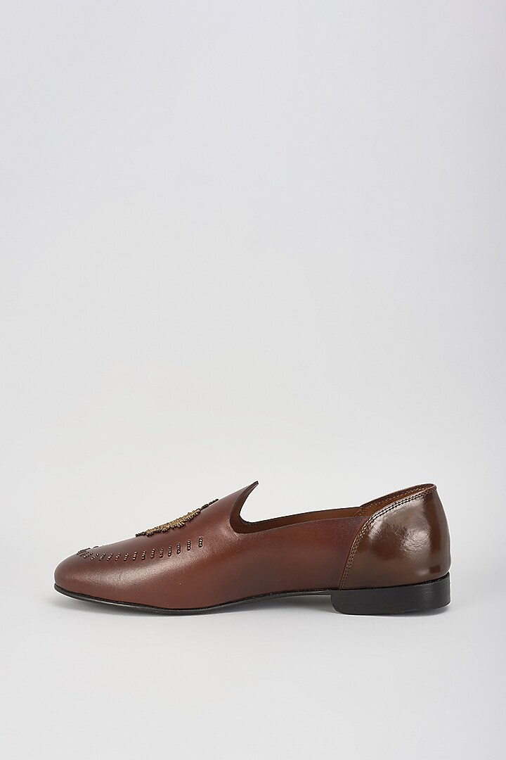 Brown Leather Dabka Hand Embroidered Juttis by ARTIMEN at Pernia's Pop Up Shop