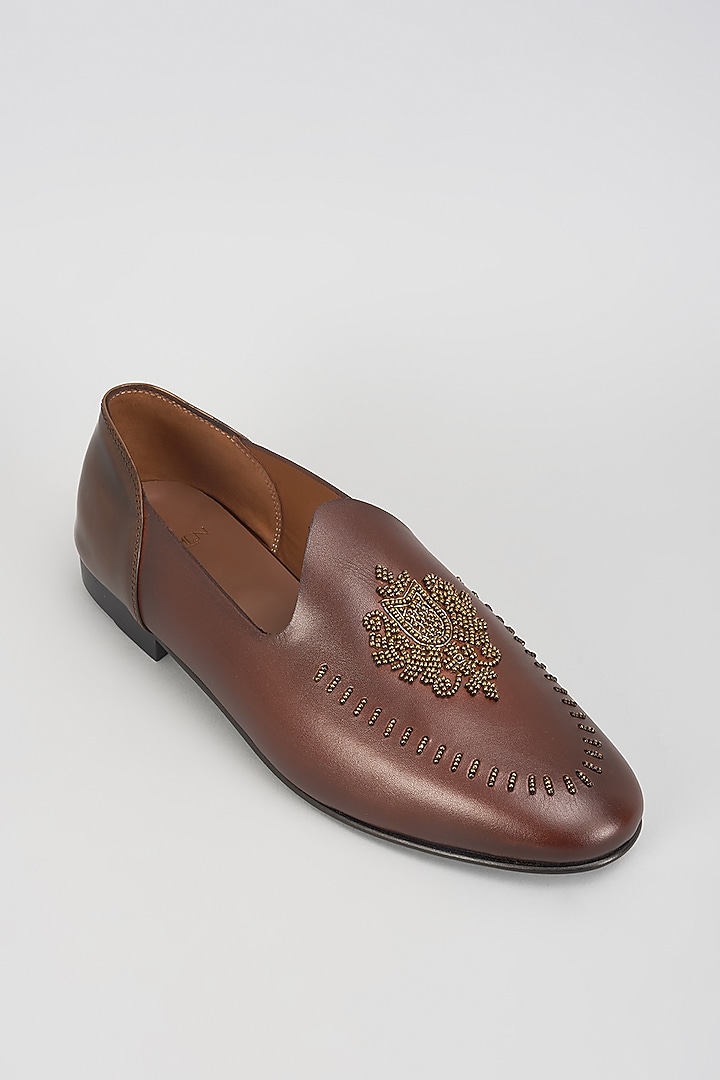 Brown Leather Dabka Hand Embroidered Juttis by ARTIMEN at Pernia's Pop Up Shop