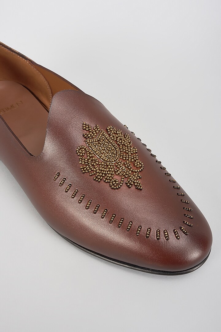 Brown Leather Dabka Hand Embroidered Juttis by ARTIMEN at Pernia's Pop Up Shop