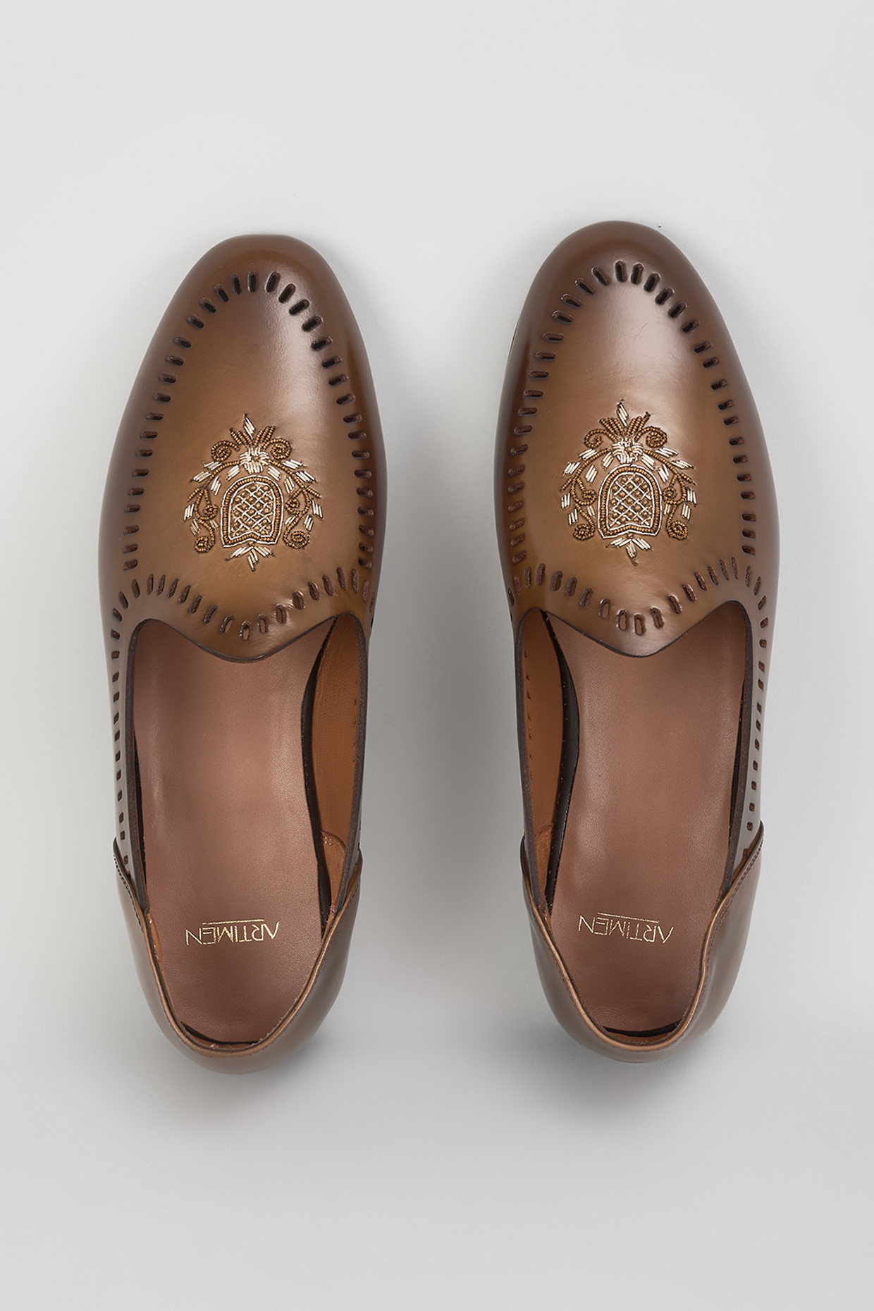 Brown Leather Dabka Hand Embroidered Juttis by ARTIMEN