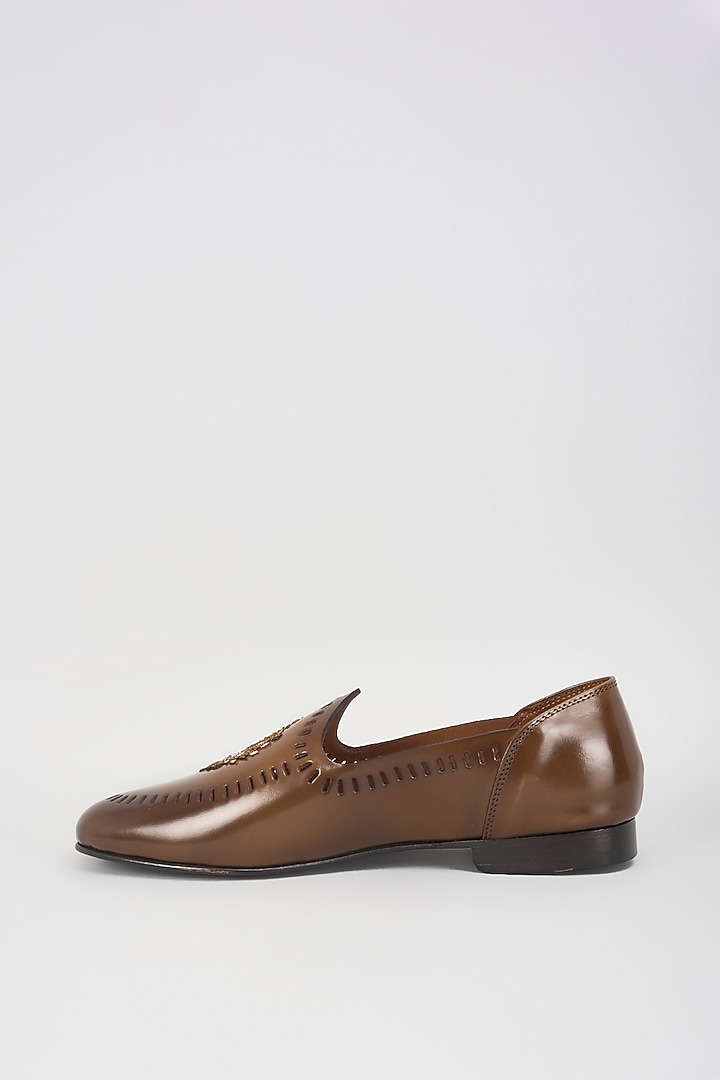 Brown Leather Dabka Hand Embroidered Juttis by ARTIMEN at Pernia's Pop Up Shop