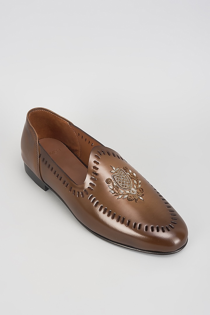 Brown Leather Dabka Hand Embroidered Juttis by ARTIMEN at Pernia's Pop Up Shop