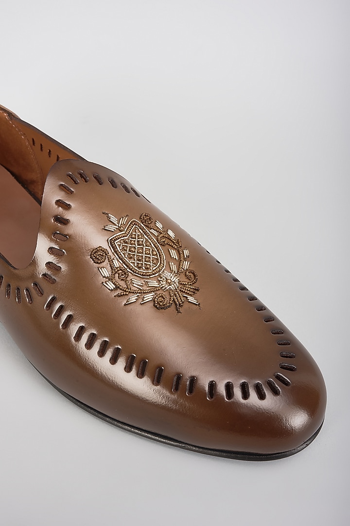 Brown Leather Dabka Hand Embroidered Juttis by ARTIMEN at Pernia's Pop Up Shop