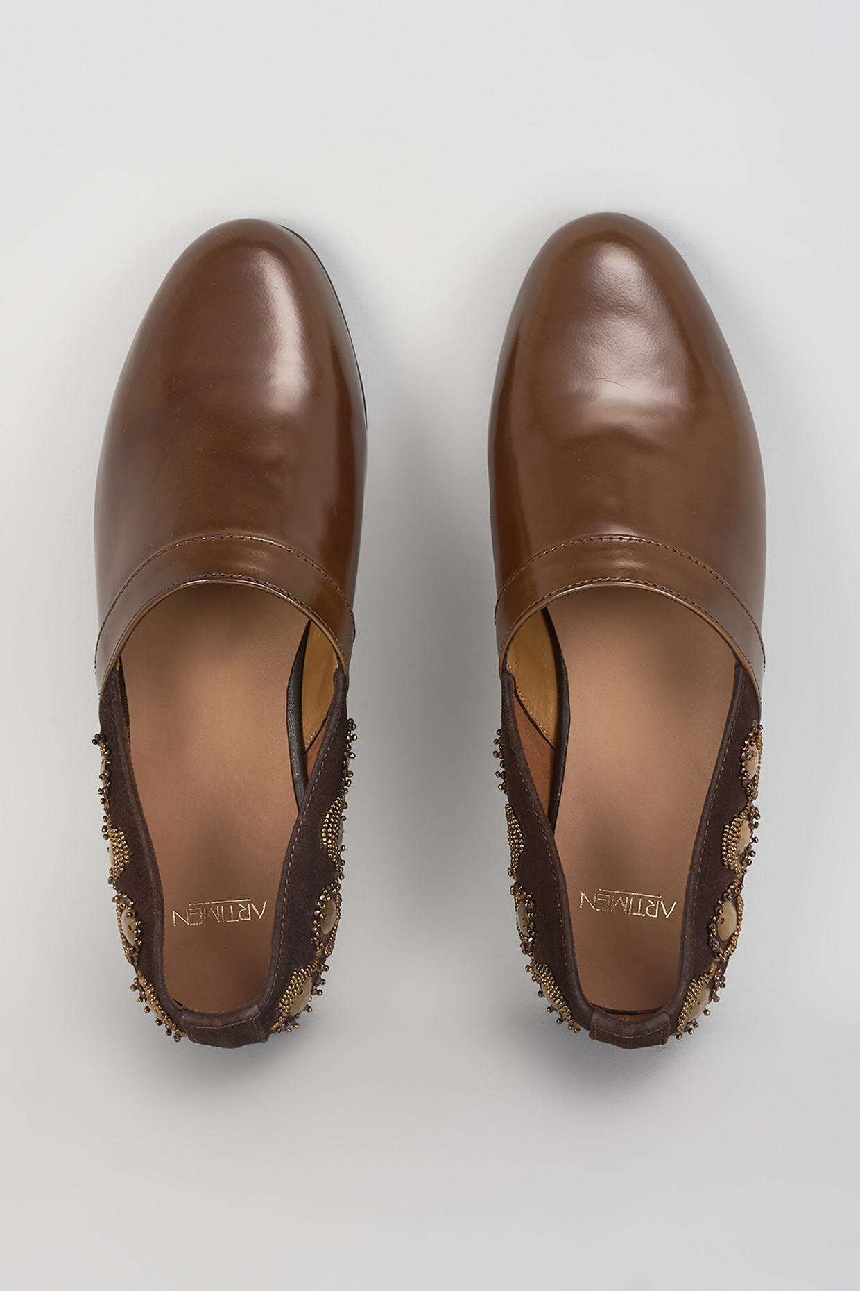 Brown Leather Hand Embroidered Shoes by ARTIMEN