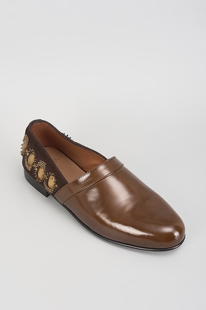 Brown Leather Hand Embroidered Shoes by ARTIMEN at Pernia's Pop Up Shop