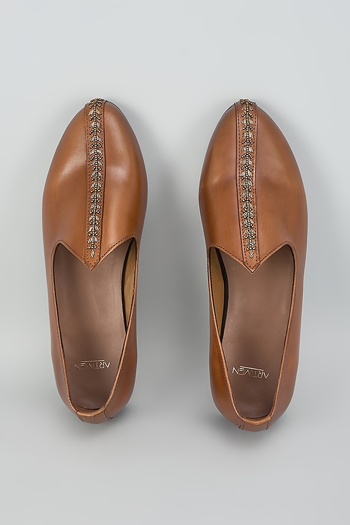 Tan Leather Hand Embroidery Shoes by ARTIMEN at Pernia's Pop Up Shop