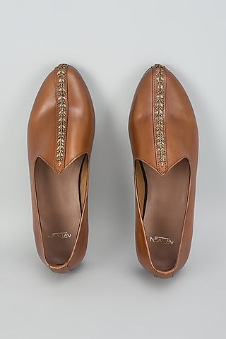 Tan Leather Hand Embroidery Shoes by ARTIMEN