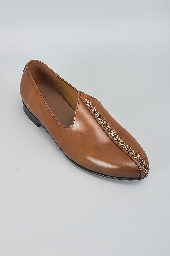 Tan Leather Hand Embroidery Shoes by ARTIMEN at Pernia's Pop Up Shop