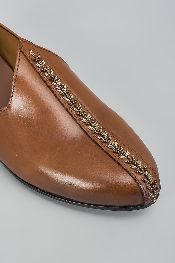 Tan Leather Hand Embroidery Shoes by ARTIMEN at Pernia's Pop Up Shop