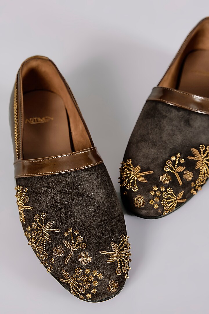 Brown Leather Dabka Hand Embroidered Juttis by ARTIMEN at Pernia's Pop Up Shop