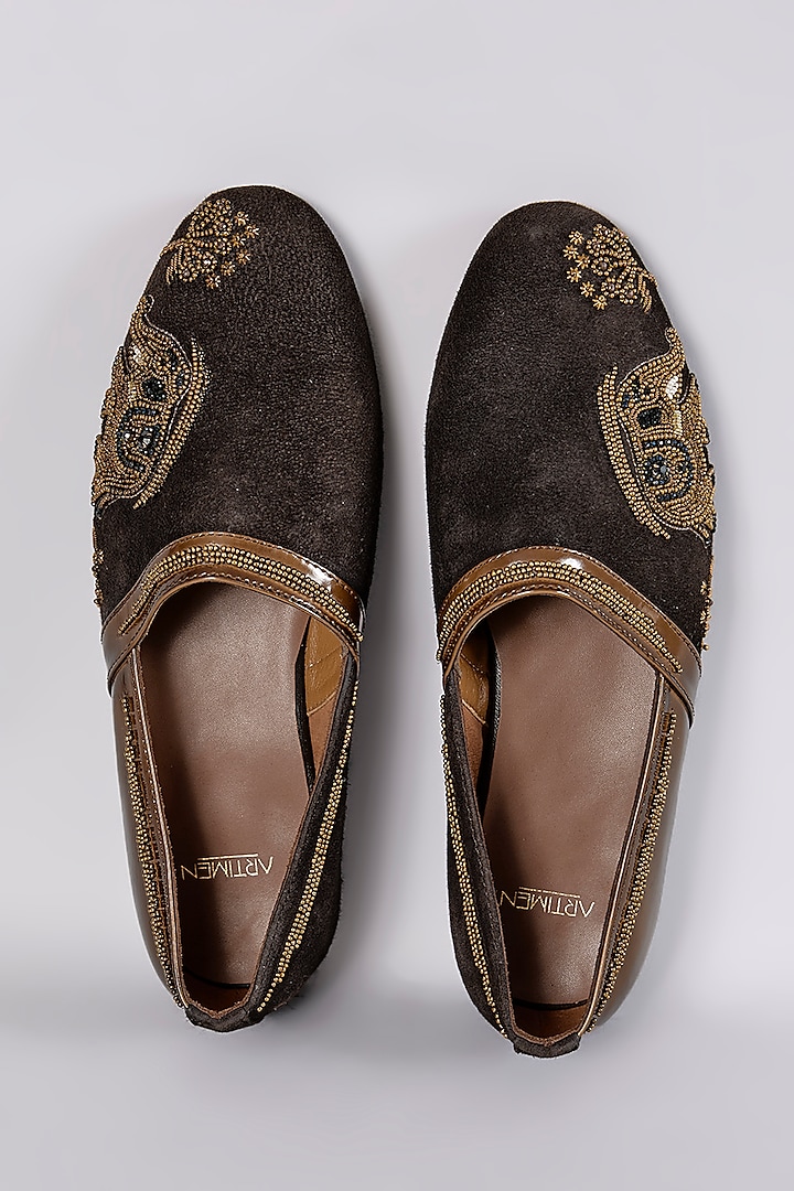 Brown Leather Dabka Hand Embroidered Juttis by ARTIMEN at Pernia's Pop Up Shop